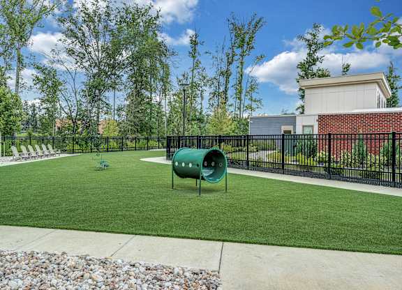 A green trash can sits in the middle of a grassy yard