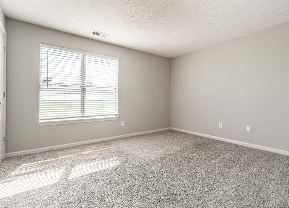 A room with a carpeted floor and a window with blinds at Mallard Bay Apartments, Crown Point, Indiana