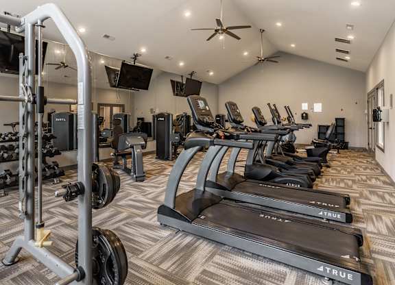 A gym with a variety of equipment including treadmills and weight machines at Mallard Bay Apartments, Crown Point, Indiana