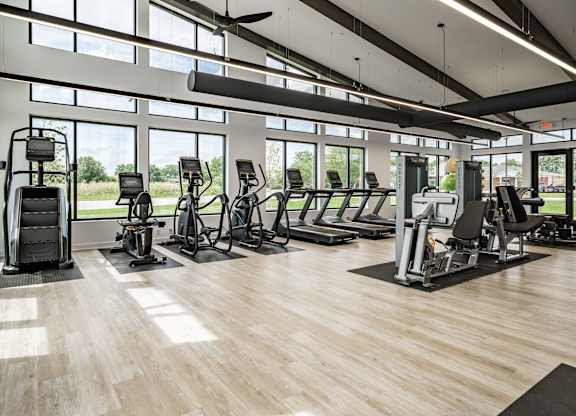 A gym with treadmills, elliptical machines, and other cardio equipment.
