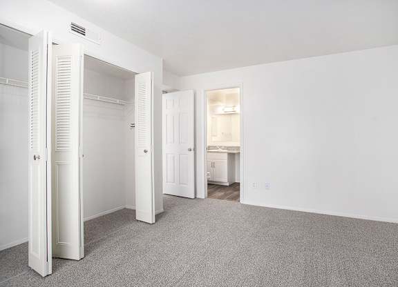 A bedroom with a large closet and an ensuite bathroom at Pine Knoll Apartments, Battle Creek, 49014