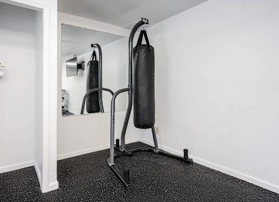 A black punching bag is hanging from a stand in a room at Polo Run Apartments, Greenwood, IN