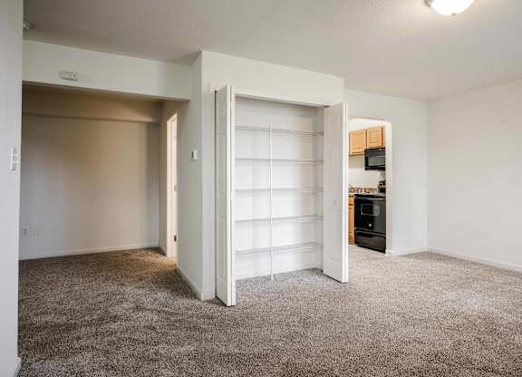 A room with a carpeted floor and a white door at Polo Run Apartments, Greenwood, Indiana, 46142