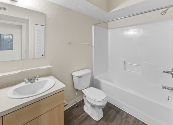 main bathroom with a sink toilet and shower at Hunters Pond Apartment Homes, Champaign, Illinois