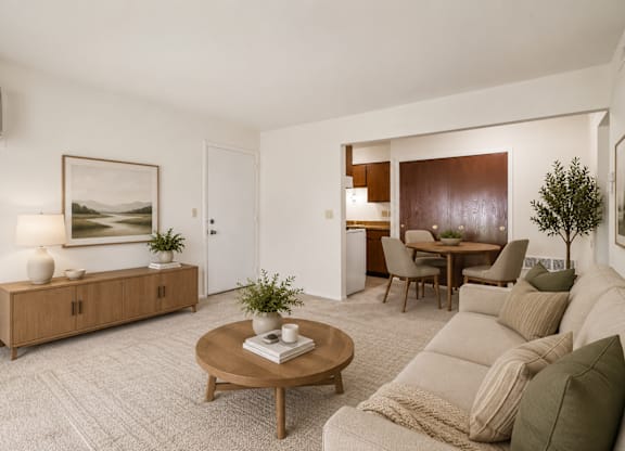 A living room with a brown coffee table and a grey couch.