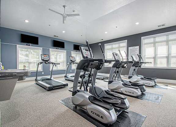 A gym with treadmills, elliptical machines, and a fan at The Reserve at Destination Pointe, Iowa