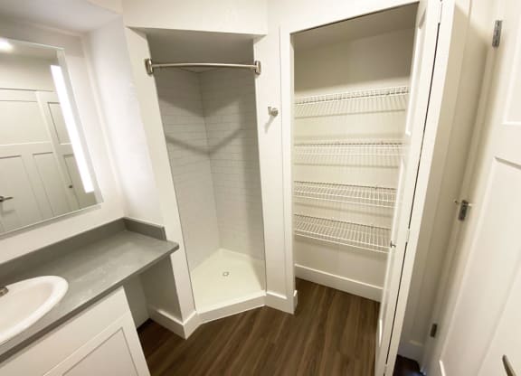 Renovated Second Bath with Walk-In Shower at Green Ridge Apartments in Grand Rapids, MI