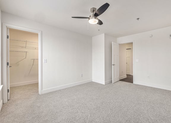 Large bedroom with a ceiling fan and a walk in closet  at Signature Pointe Apartment Homes, Alabama, 35611