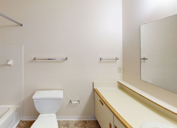 main bathroom with a toilet and a tub and a sink at South Bridge Apartments in Fort Wayne, Indiana