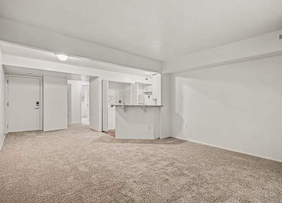 A sparsely furnished room with a carpeted floor and white walls.