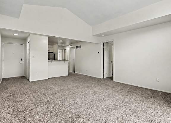 A large, empty room with carpeted floors and white walls.