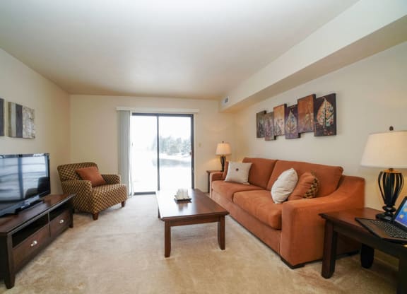 Large Living Room Leads to Patio at South Bridge Apartments, Indiana