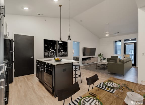 a view of the kitchen and living room from the dining area  at Uptown Square Apartments, Troy, MI