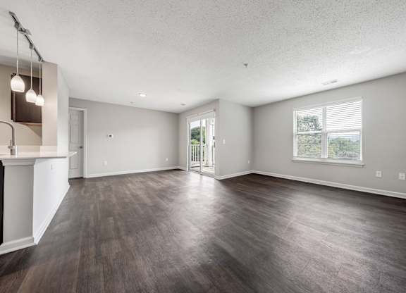 A spacious room with wood flooring and a fireplace on the left side. at Sunscape Apartments, Virginia