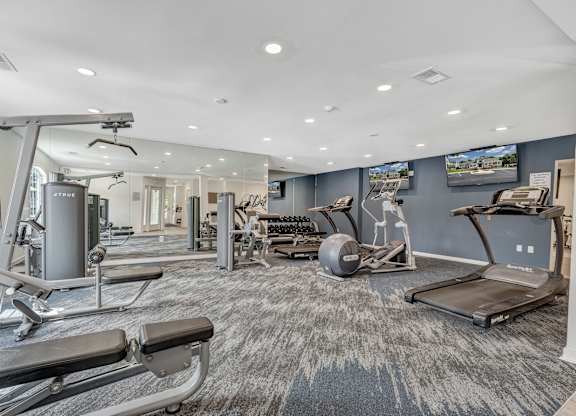 A spacious gym with a variety of equipment including treadmills, weight machines, and a rowing machine. at Sunscape Apartments, Virginia