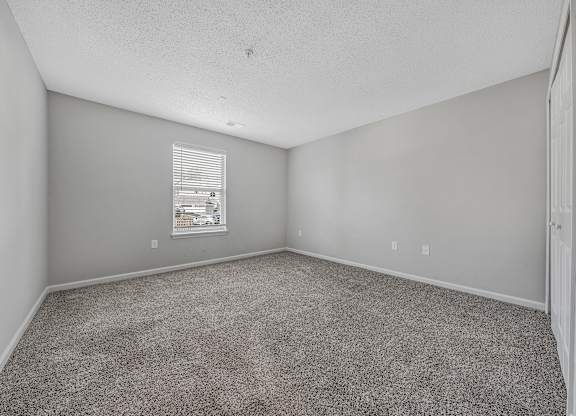 A room with grey carpet and a window with blinds. at Sunscape Apartments, Roanoke