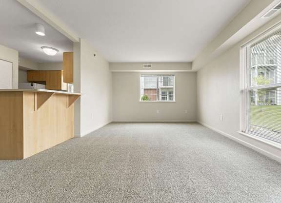 An end style living room with a carpeted floor and a window with blinds at Tall Oaks Apartment Homes, Michigan, 49009