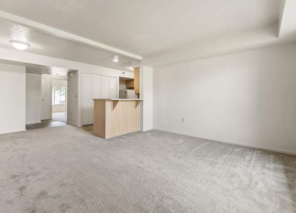 An enlarged, empty living room with a carpeted floor at Tall Oaks Apartment Homes, Michigan, 49009