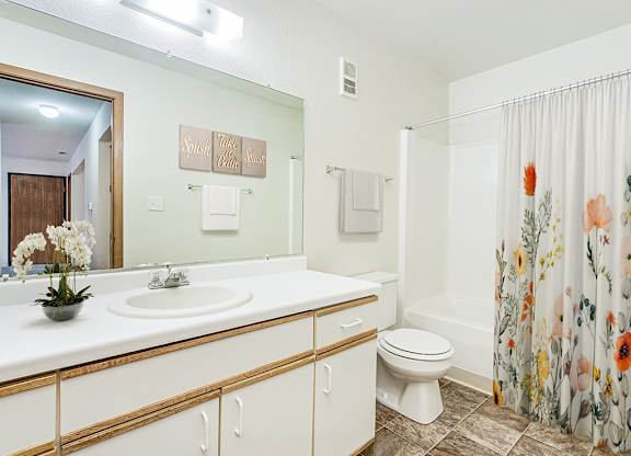 A bathroom with a sink, toilet, and shower at Tanglewood Apartments, Oak Creek
