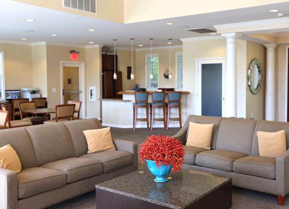 A living room with a grey couch and a blue vase with red flowers on a coffee table.