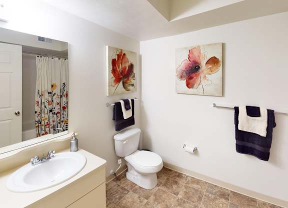 A bathroom with a toilet, sink, and a painting on the wall at Tracy Creek Apartment Homes in Perrysburg, OH