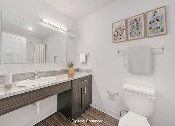 A main bathroom with a toilet, sink, mirror, and pictures on the wall at Trade Winds Apartment Homes, Elkhorn, Nebraska