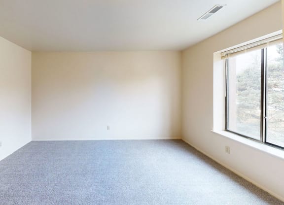 spacious bedroom with a large window and carpet  at Trappers Cove Apartments, Lansing, Michigan