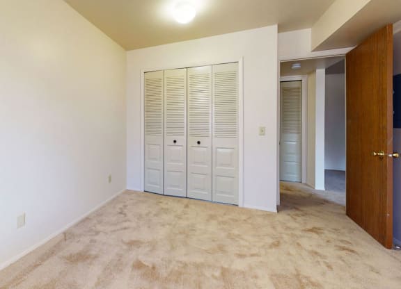 bedroom with a closet and plush carpeting at Walnut Trail Apartments in Portage, MI 49002