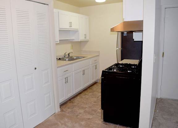 Upgraded kitchen with shaker-style cabinets and stainless steel appliances at Walnut Trail Apartments, Michigan 49002