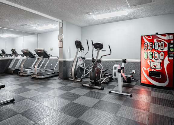 A gym with a variety of exercise equipment including treadmills, stationary bikes, and weight machines at WaterFront Apartments, Virginia Beach, 23453