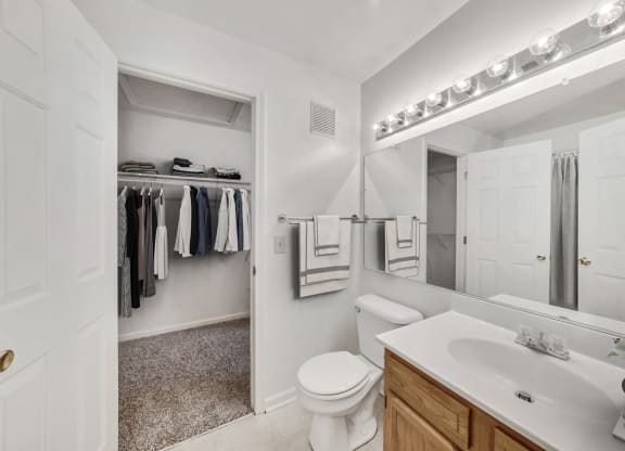 a bathroom with a toilet sink and mirror and a closet at WaterFront Apartments, Virginia Beach, VA, 23453