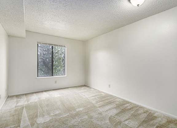 A bedroom with a large window and carpeted floor at West Wind Apartments, Fort Wayne, 46808