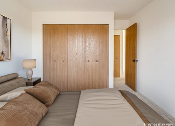 Winterberry Layout Model Bedroom with Closet at The Harbours Apartments, Clinton Twp, Michigan