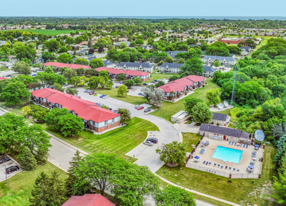 Aerial View of Community and Pool at Wood Creek Apartments, Kenosha