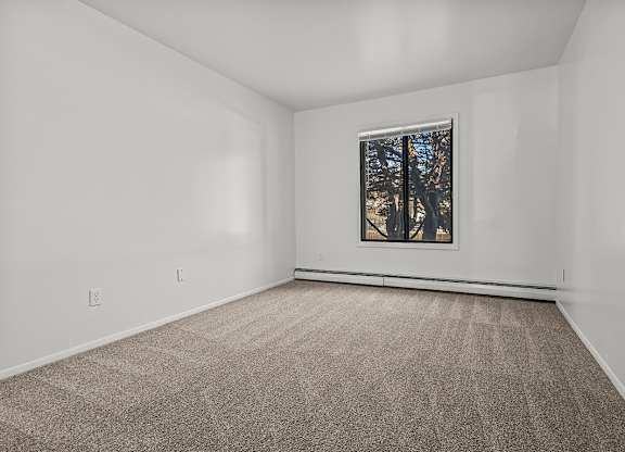 A spacious bedroom with a carpeted floor and a window showing trees outside at Wood Creek Apartments, Wisconsin