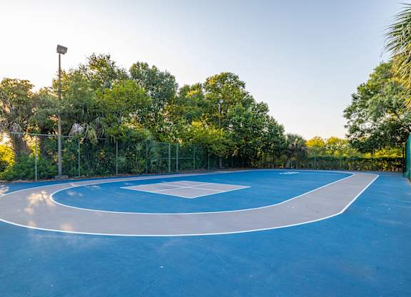 A basketball court with a blue surface and white lines is surrounded by trees.