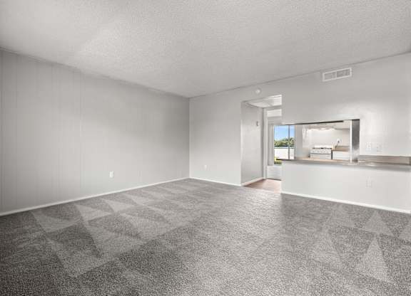 A large empty room with a patterned carpet.