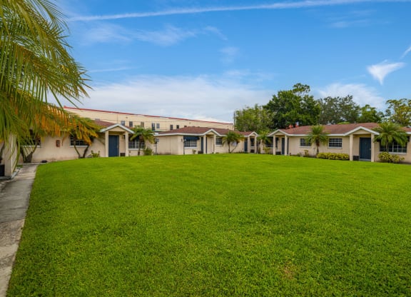 a large green lawn in front of a row of houses