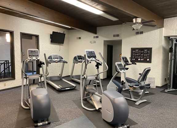 A gym with treadmills, elliptical machines, and a television.