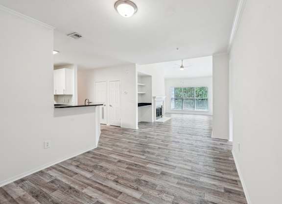 Entrance view of  kitchen and living area.