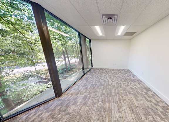 A room with a carpeted floor and a view of trees through the windows.