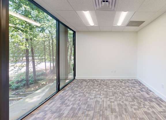 A room with a carpeted floor and a window overlooking a wooded area.