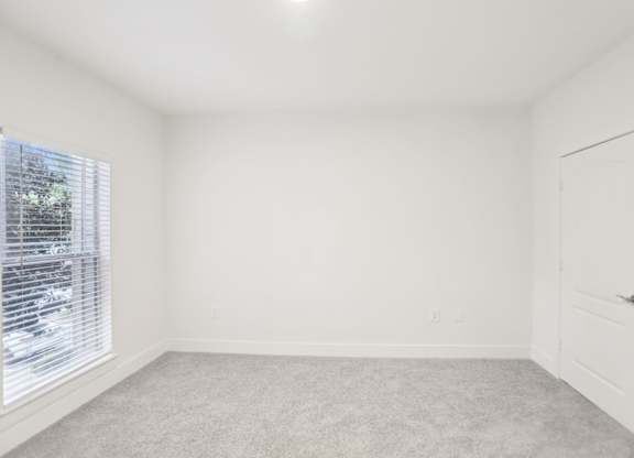 A spacious room with a carpeted floor, a window with blinds, and a closet.