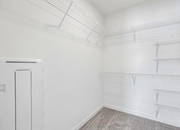 A white closet with shelves and a door.