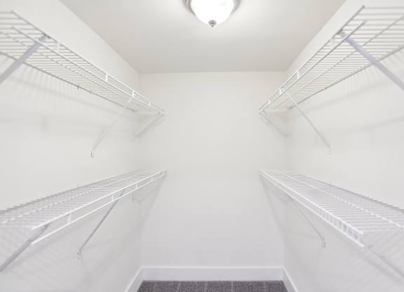 Spacious walk-in closet with shelves.