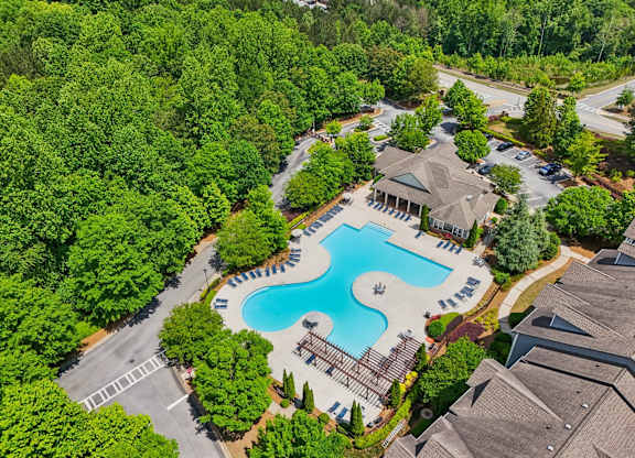 An aerial view of a swimming pool surrounded by trees.
