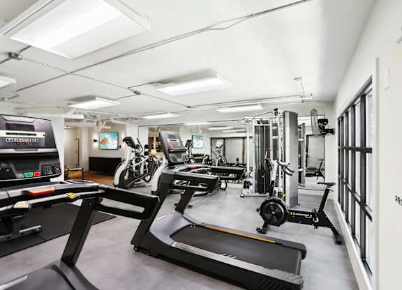 A gym with treadmills, exercise bikes and other equipment.