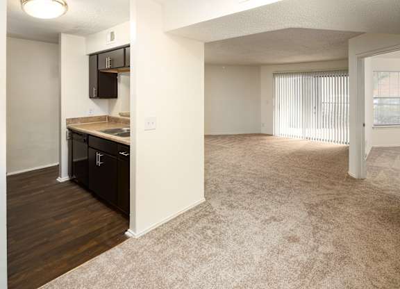 A kitchen area with a counter and cabinets.