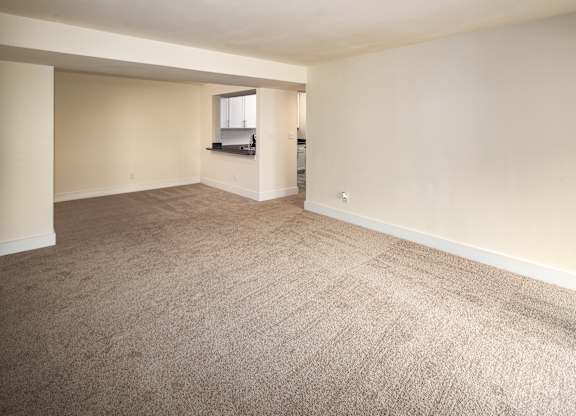 A room with a carpeted floor and a window.