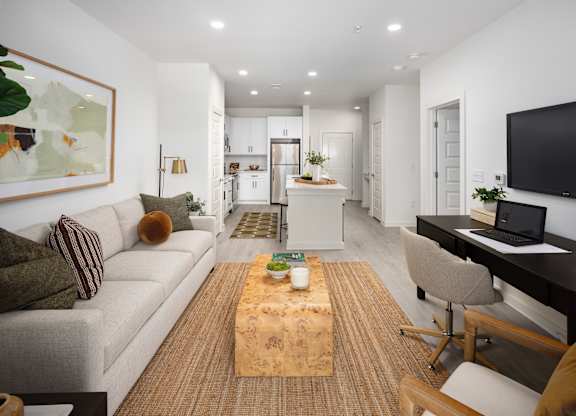 our one bedroom floorplan with a full size kitchen and living room